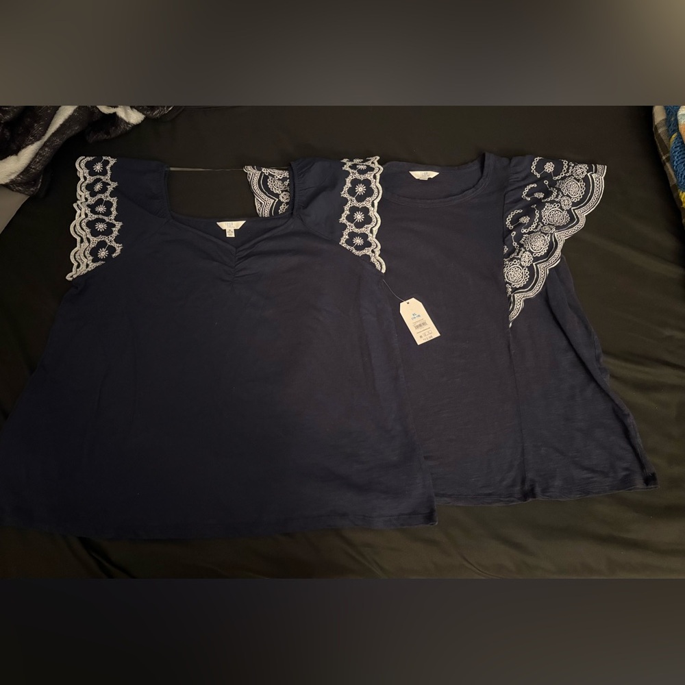 Set of two Women’s Time and Tru Navy Blue tops with white embroidery size XL
